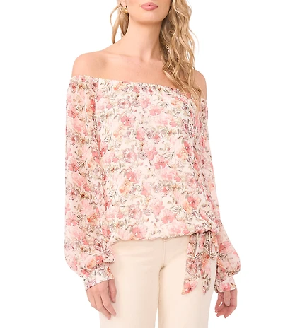 Vince Camuto Floral Print Off-The-Shoulder Long Sleeve Blouse