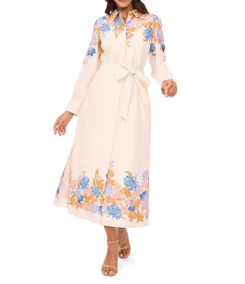 Vince Camuto Floral Print Point Collar Long Sleeve Button Front Belted Maxi Shirt Dress