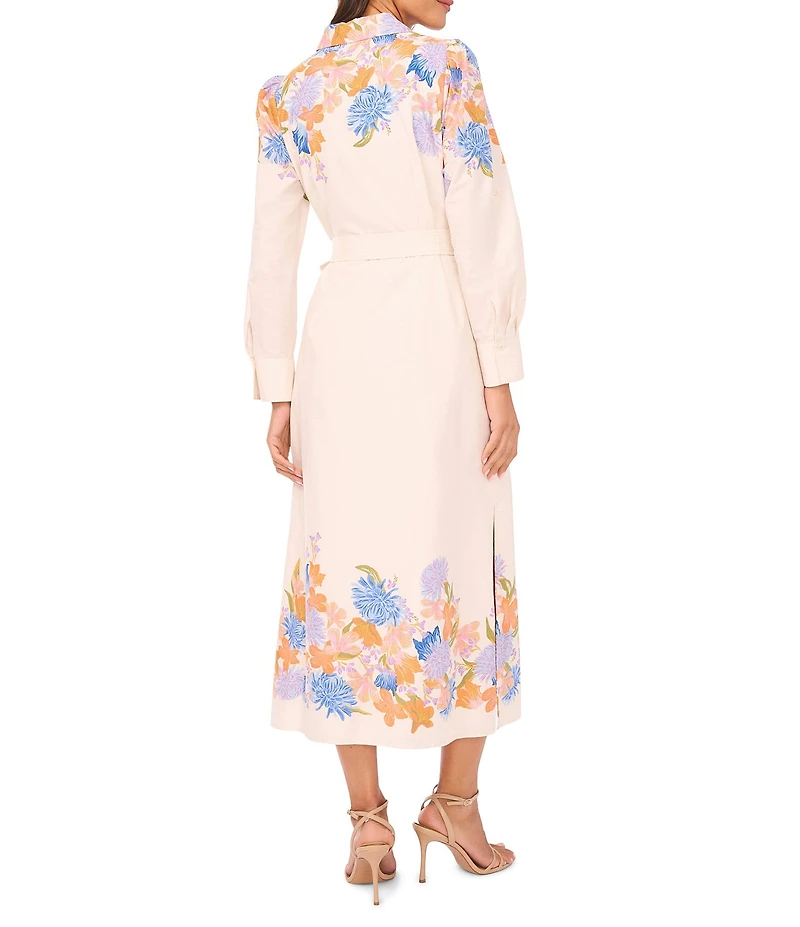 Vince Camuto Floral Print Point Collar Long Sleeve Button Front Belted Maxi Shirt Dress