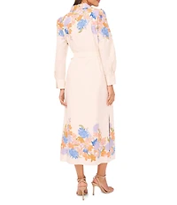 Vince Camuto Floral Print Point Collar Long Sleeve Button Front Belted Maxi Shirt Dress