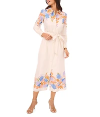 Vince Camuto Floral Print Point Collar Long Sleeve Button Front Belted Maxi Shirt Dress