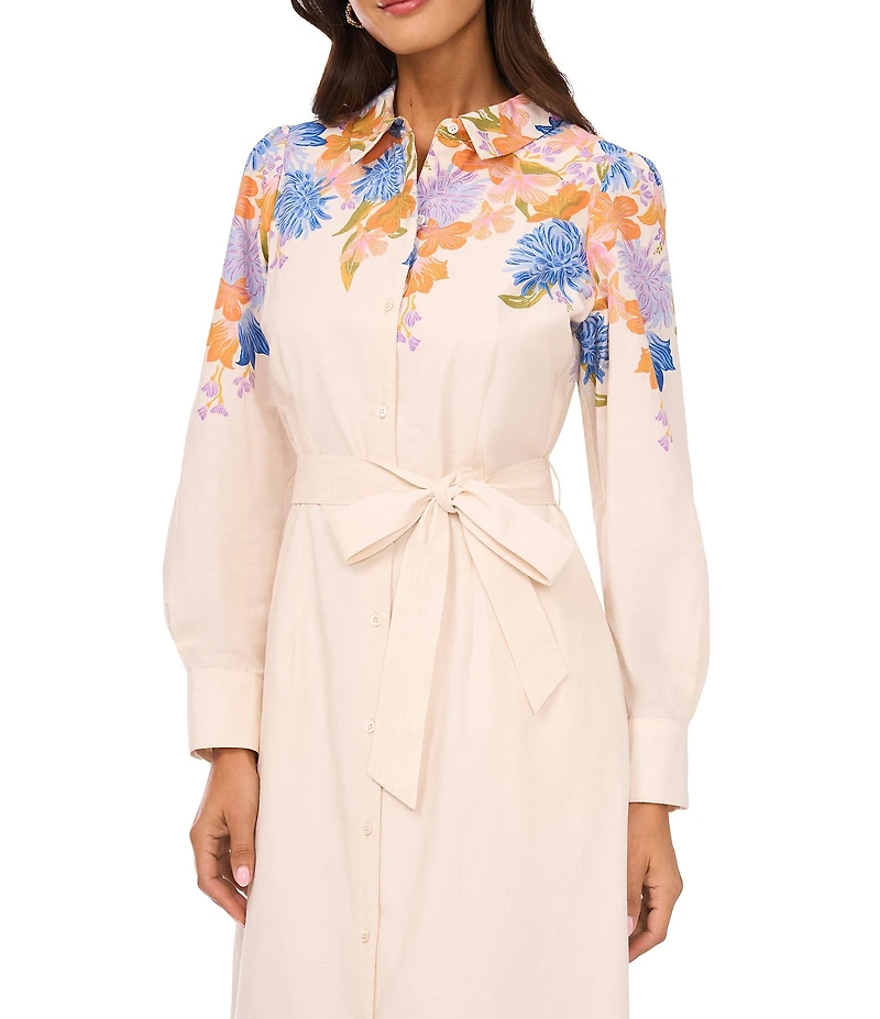 Vince Camuto Floral Print Point Collar Long Sleeve Button Front Belted Maxi Shirt Dress