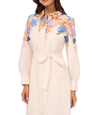 Vince Camuto Floral Print Point Collar Long Sleeve Button Front Belted Maxi Shirt Dress