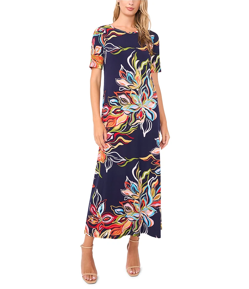 Vince Camuto Floral Print Round Neck Short Sleeve Maxi Dress