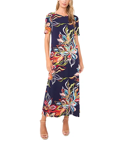 Vince Camuto Floral Print Round Neck Short Sleeve Maxi Dress