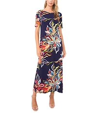 Vince Camuto Floral Print Round Neck Short Sleeve Maxi Dress