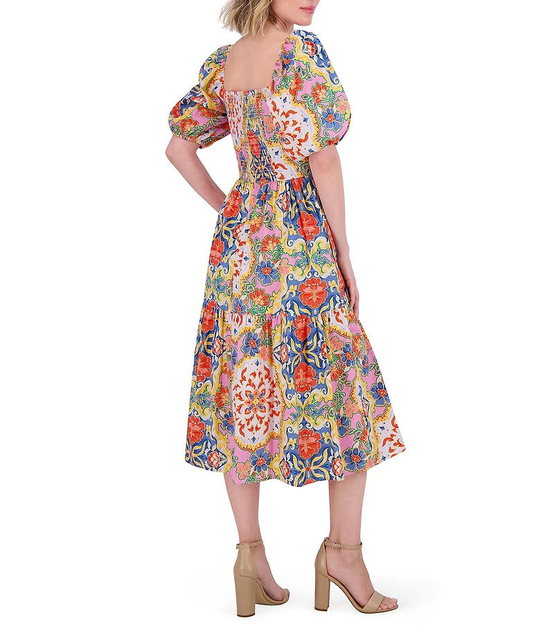 Vince Camuto Floral Print Square Neck Short Puff Sleeve A-Line Midi Dress