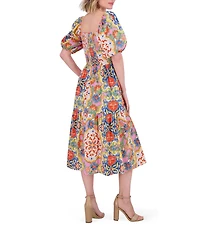Vince Camuto Floral Print Square Neck Short Puff Sleeve A-Line Midi Dress