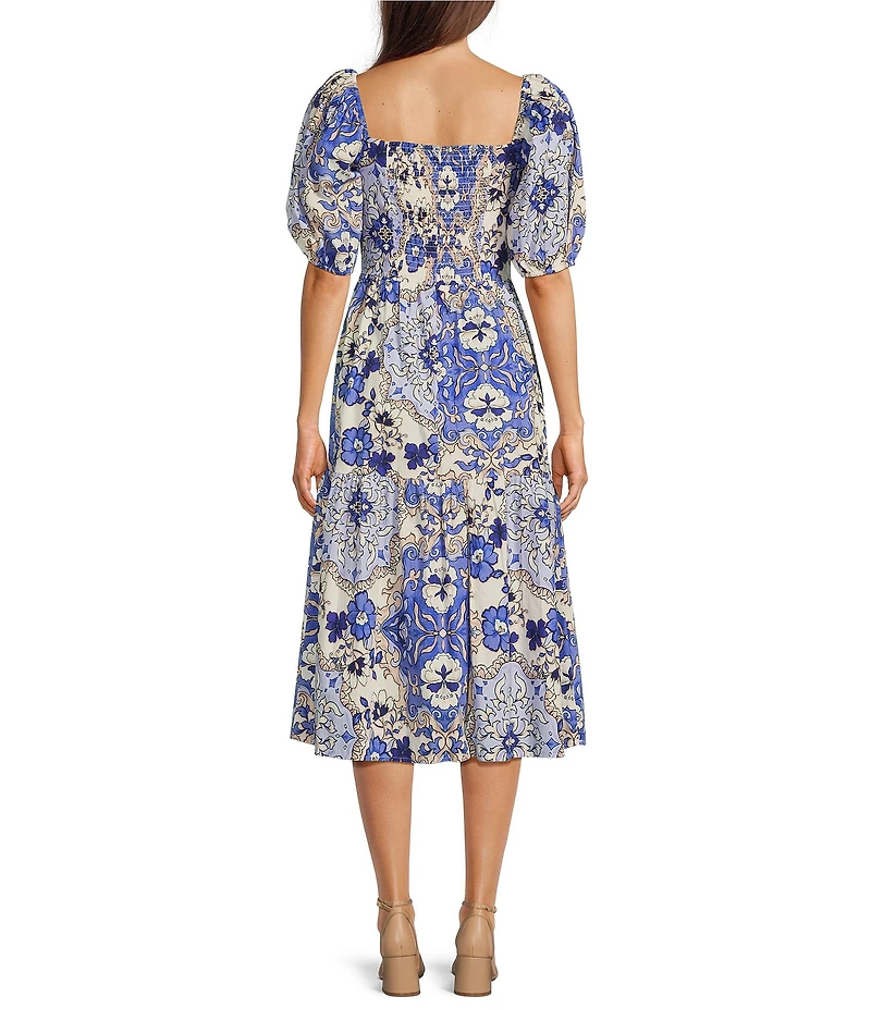 Vince Camuto Floral Print Square Neck Short Puff Sleeve A-Line Midi Dress
