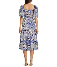 Vince Camuto Floral Print Square Neck Short Puff Sleeve A-Line Midi Dress