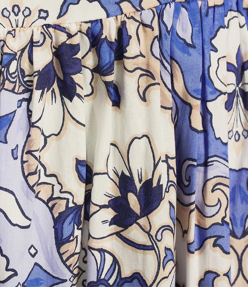 Vince Camuto Floral Print Square Neck Short Puff Sleeve A-Line Midi Dress