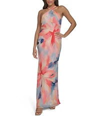 Vince Camuto Floral Print Twist Halter Neck Sleeveless Gown