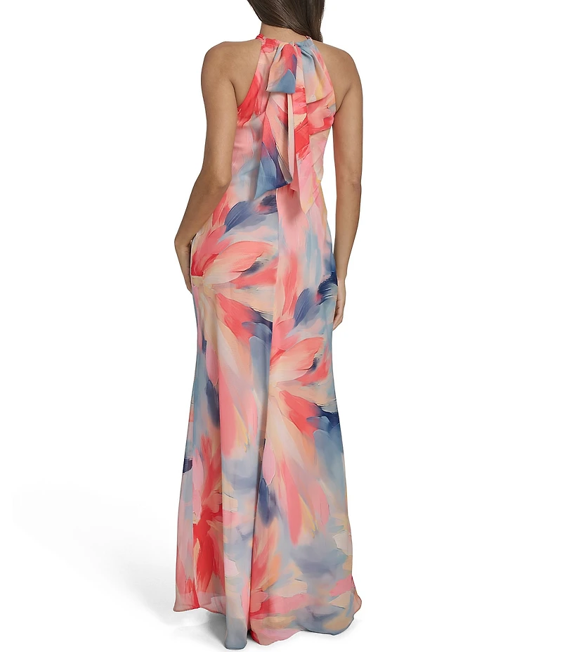 Vince Camuto Floral Print Twist Halter Neck Sleeveless Gown