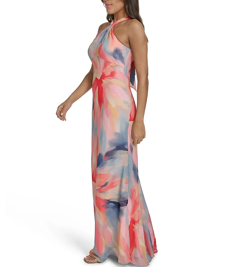 Vince Camuto Floral Print Twist Halter Neck Sleeveless Gown