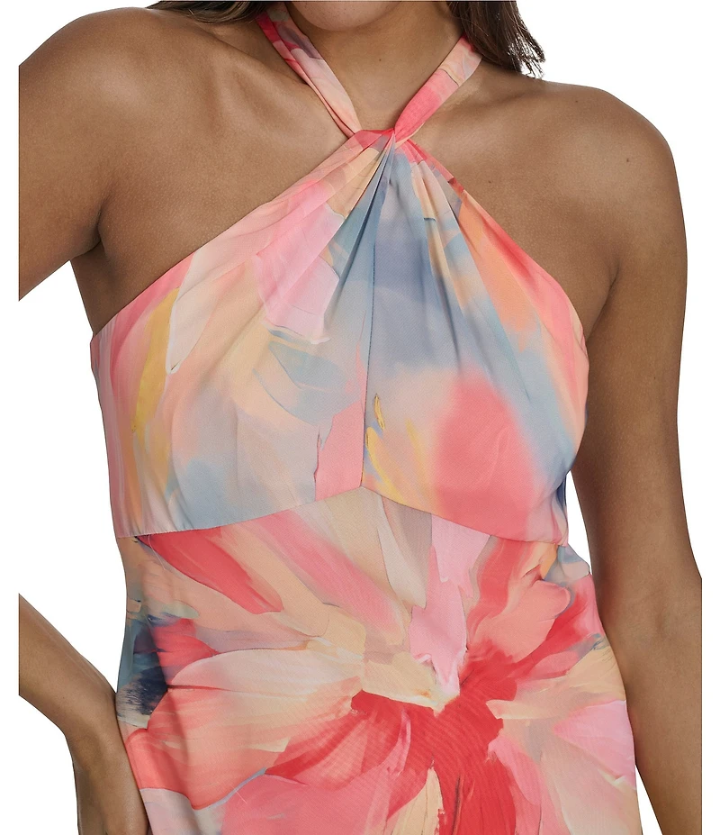 Vince Camuto Floral Print Twist Halter Neck Sleeveless Gown