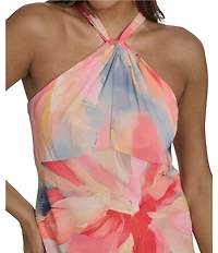 Vince Camuto Floral Print Twist Halter Neck Sleeveless Gown