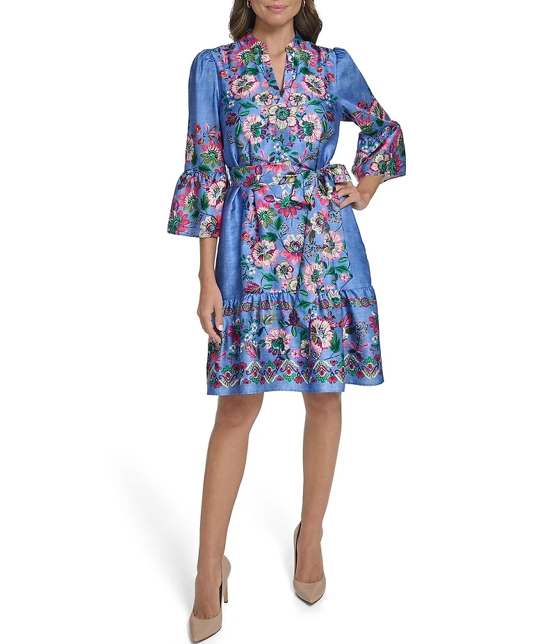 Vince Camuto Floral Print V-Neck 3/4 Sleeve Belted A-Line Dress