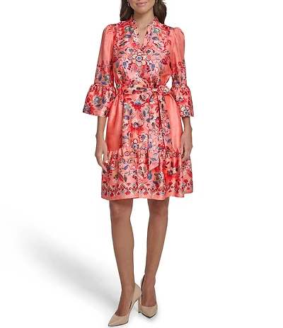 Vince Camuto Floral Print V-Neck 3/4 Sleeve Belted A-Line Dress