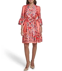 Vince Camuto Floral Print V-Neck 3/4 Sleeve Belted A-Line Dress