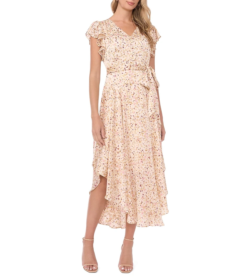 Vince Camuto Floral Print V-Neck Flutter Sleeve Button Down Dress