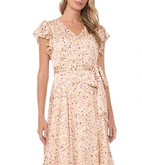 Vince Camuto Floral Print V-Neck Flutter Sleeve Button Down Dress