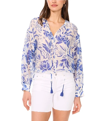 Vince Camuto Floral Print V-Neck Long Sleeve Blouse