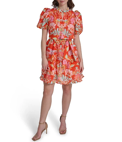 Vince Camuto Floral Print V-Neck Puff Sleeve Tie Waist Dress