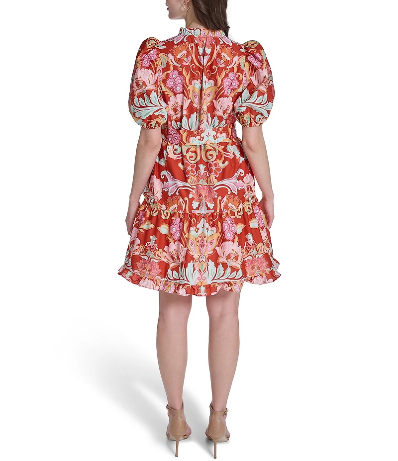 Vince Camuto Floral Print V-Neck Puff Sleeve Tie Waist Dress