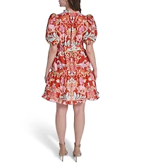 Vince Camuto Floral Print V-Neck Puff Sleeve Tie Waist Dress