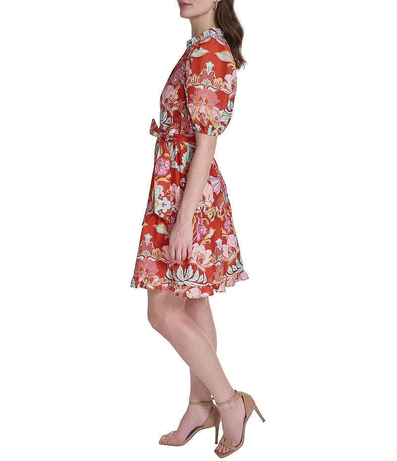 Vince Camuto Floral Print V-Neck Puff Sleeve Tie Waist Dress