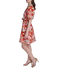 Vince Camuto Floral Print V-Neck Puff Sleeve Tie Waist Dress