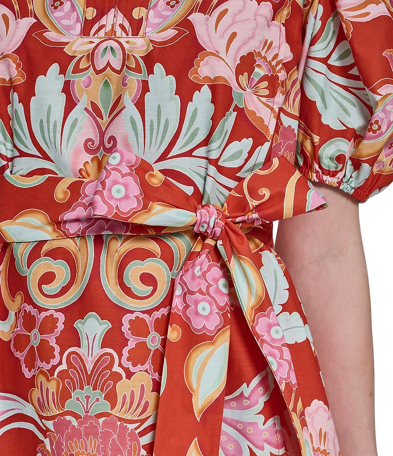 Vince Camuto Floral Print V-Neck Puff Sleeve Tie Waist Dress