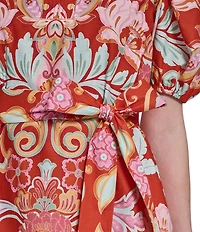 Vince Camuto Floral Print V-Neck Puff Sleeve Tie Waist Dress