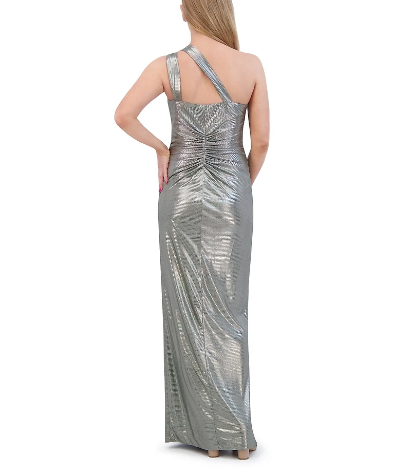 Vince Camuto Foil Knit Knotted One-Shoulder Gown