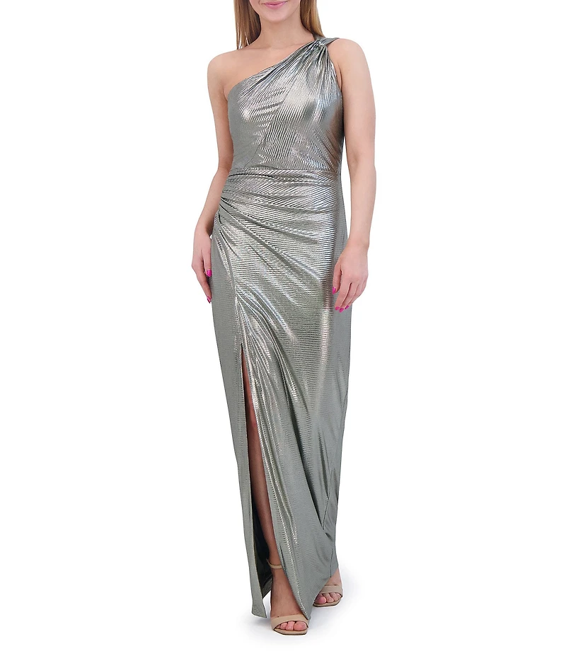 Vince Camuto Foil Knit Knotted One-Shoulder Gown