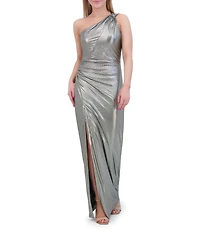 Vince Camuto Foil Knit Knotted One-Shoulder Gown
