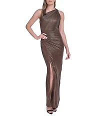 Vince Camuto Foil Knit Knotted One-Shoulder Gown