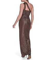 Vince Camuto Foil Knit Knotted One-Shoulder Gown
