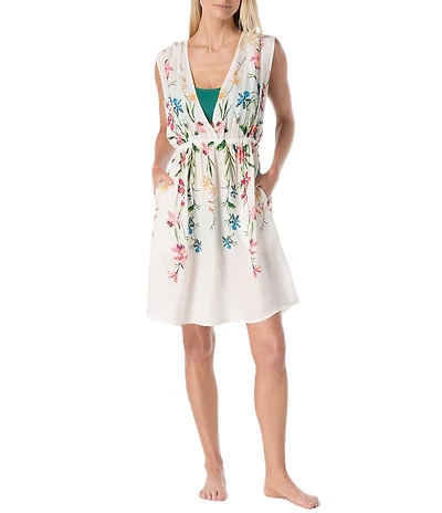 Vince Camuto Garden Floral Plunge Front Sleeveless Open Back Cover Up Dress