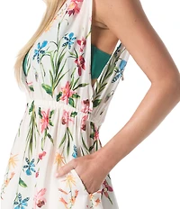 Vince Camuto Garden Floral Plunge Front Sleeveless Open Back Cover Up Dress