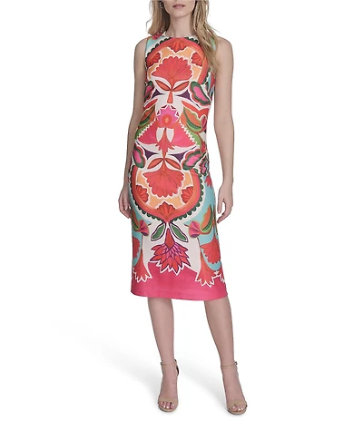 Vince Camuto Geo Print Boat Neck Sleeveless Midi Bodycon Midi Dress