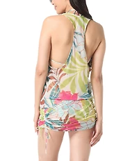 Vince Camuto Gold Dusk Fiji Floral Plunge V-Neck Racerback Shirred Swim Cover-Up Dress