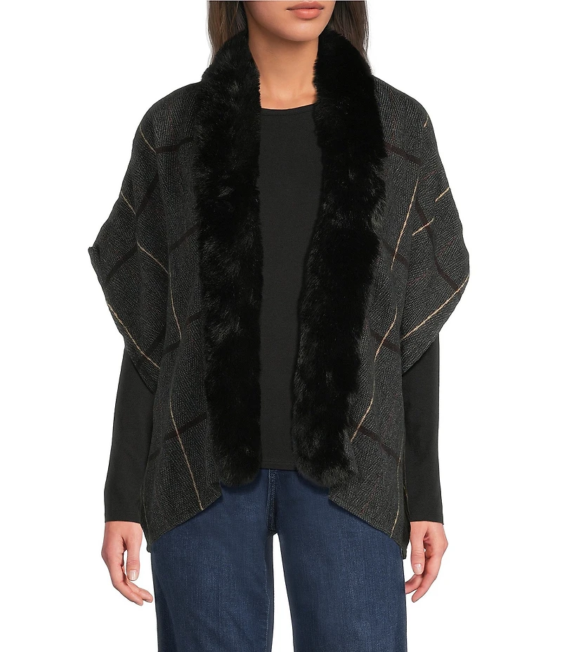 Vince Camuto Grid Plaid Topper with Fur Collar