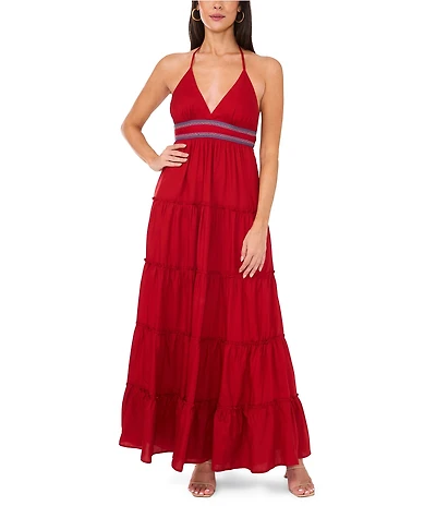 Vince Camuto Halter V Neckline Tie Back Tiered Maxi Dress