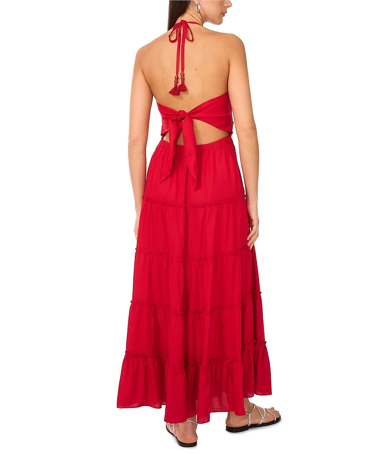 Vince Camuto Halter V Neckline Tie Back Tiered Maxi Dress