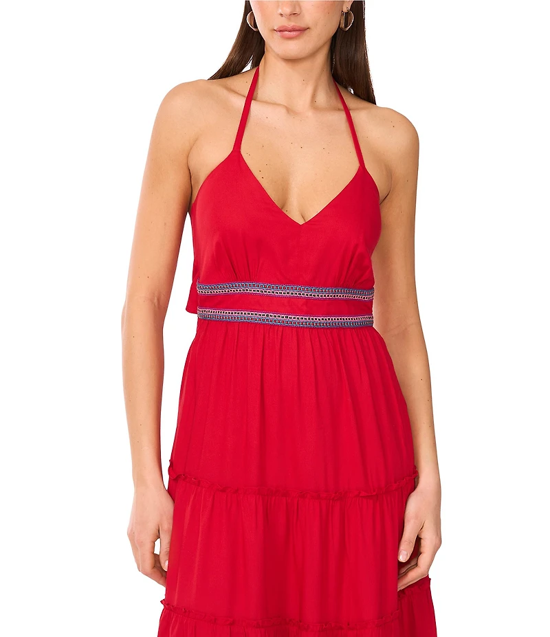 Vince Camuto Halter V Neckline Tie Back Tiered Maxi Dress