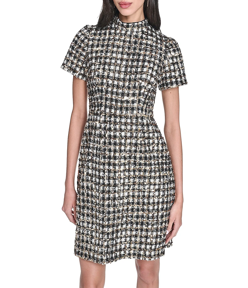 Vince Camuto Houndstooth Mock Neck Short Sleeve A-Line Dress