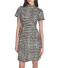 Vince Camuto Houndstooth Mock Neck Short Sleeve A-Line Dress