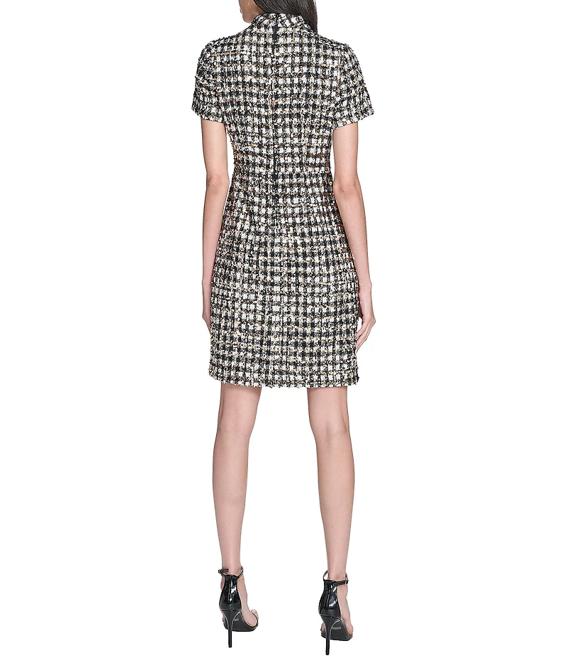 Vince Camuto Houndstooth Mock Neck Short Sleeve A-Line Dress