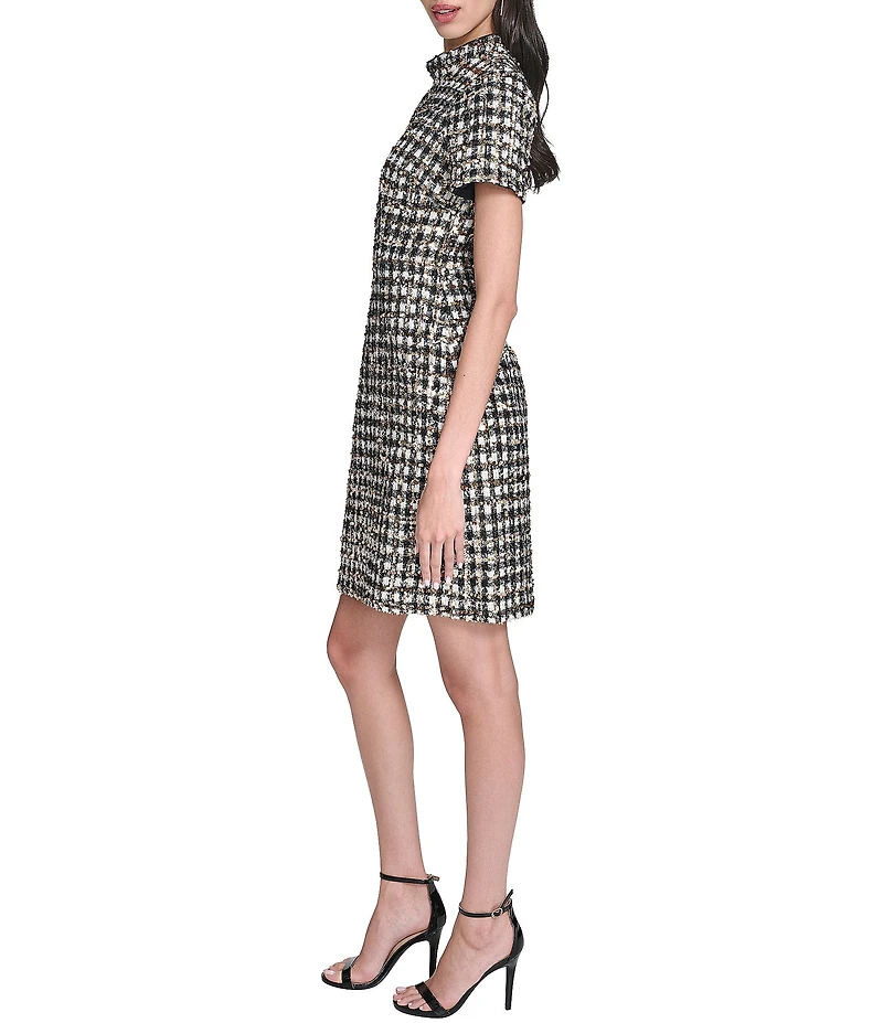 Vince Camuto Houndstooth Mock Neck Short Sleeve A-Line Dress
